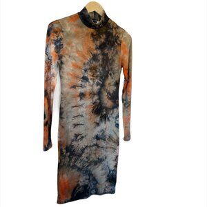 Tie Dye Bodycon Mock Turtleneck Dress Blue/Orange/Beige - Size Medium